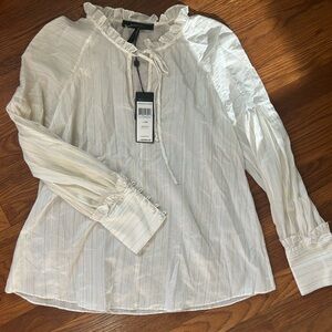 BCBGMaxAzria Women’s Cream Tie Front Blouse Semi Sheer Metallic Original Tags